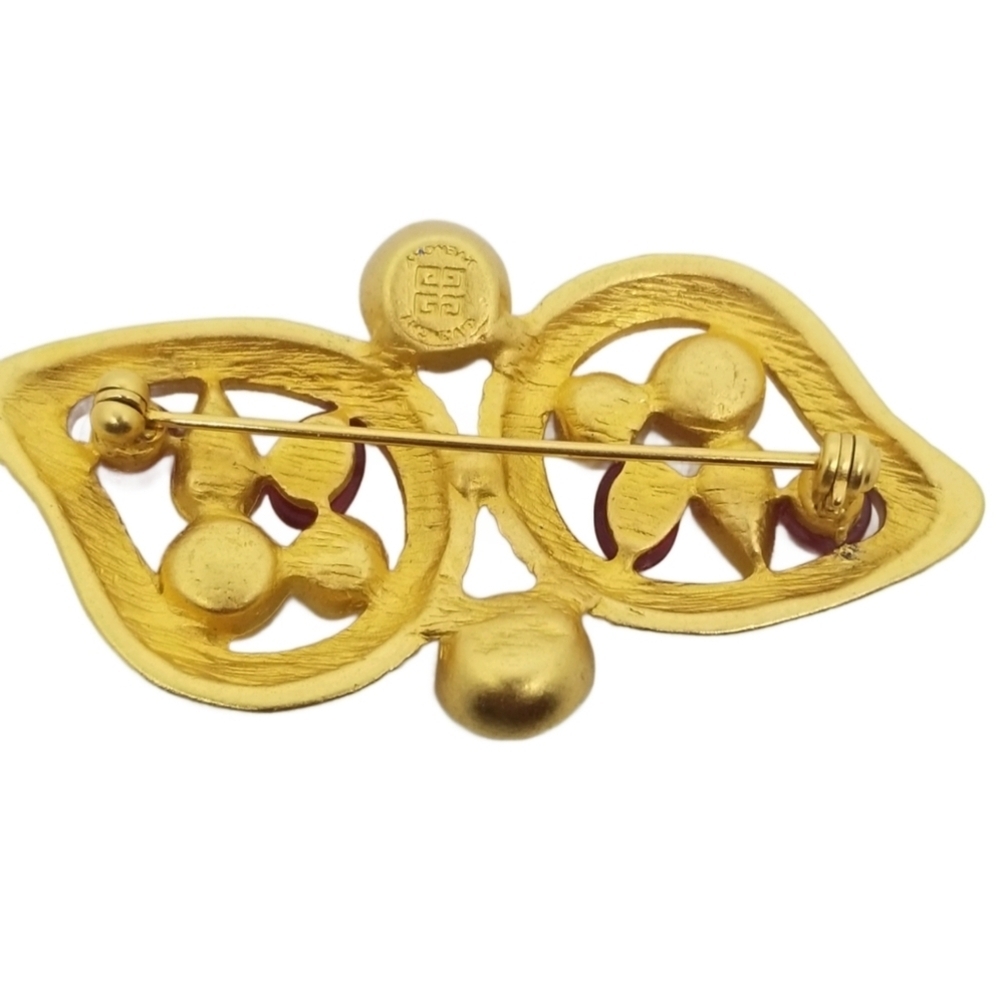 GIVENCHY RARE 1970s SATIN GOLDTONE & RHINESTONE DOUBLE PAISLEY DESIGN BROOCH - Picture 4 of 5